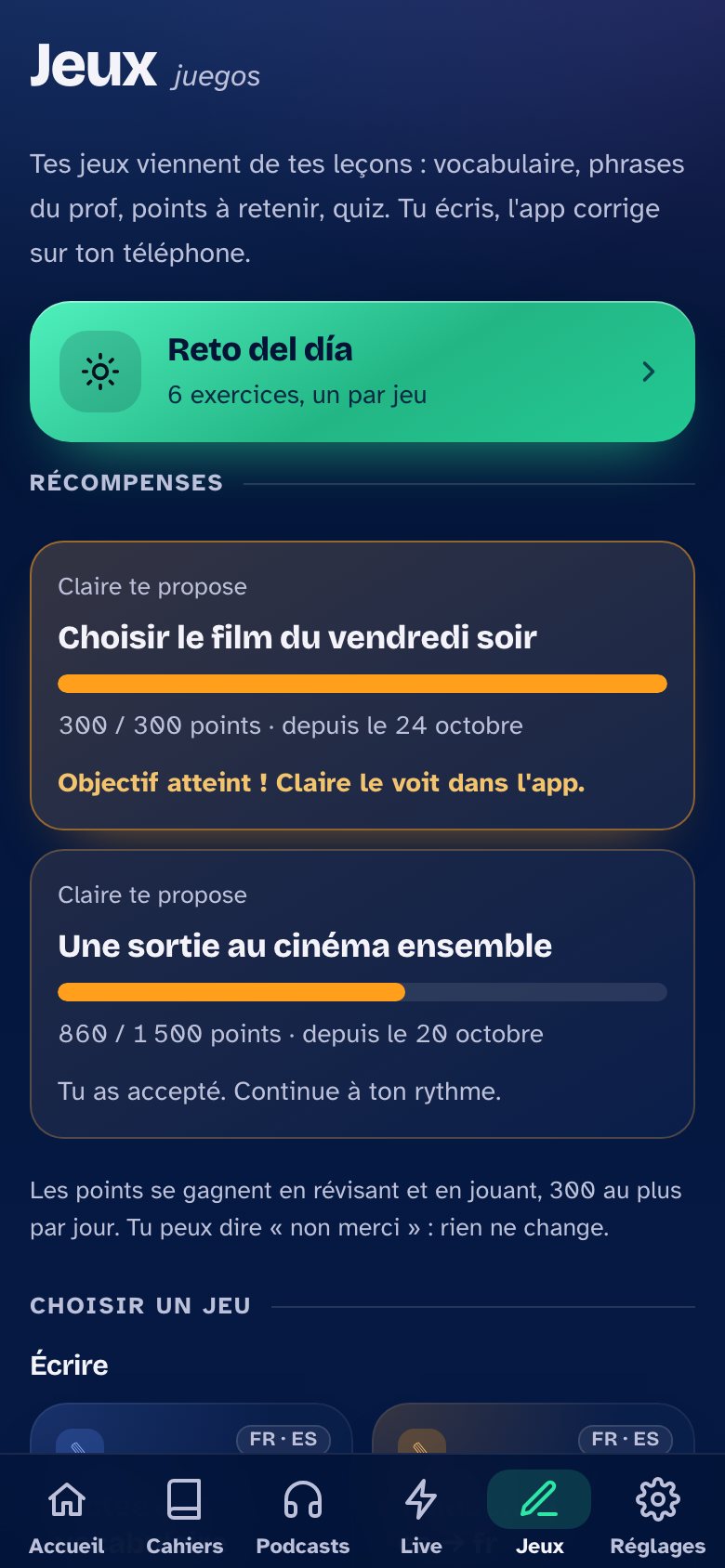 La page Jeux de l'élève : le Reto del día et les récompenses proposées par la famille