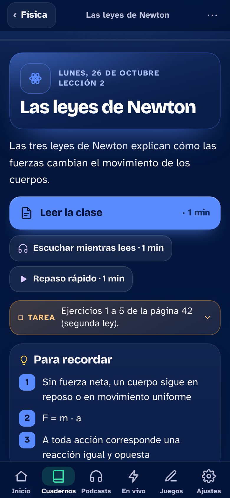 Une leçon en espagnol, sans traduction : Las leyes de Newton