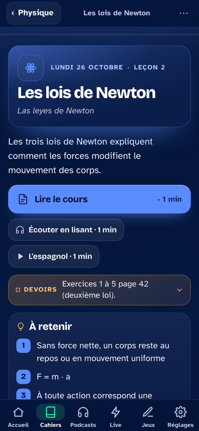Une leçon de l'élève : Les lois de Newton, avec le texte, la lecture à voix haute, les devoirs et les points à retenir