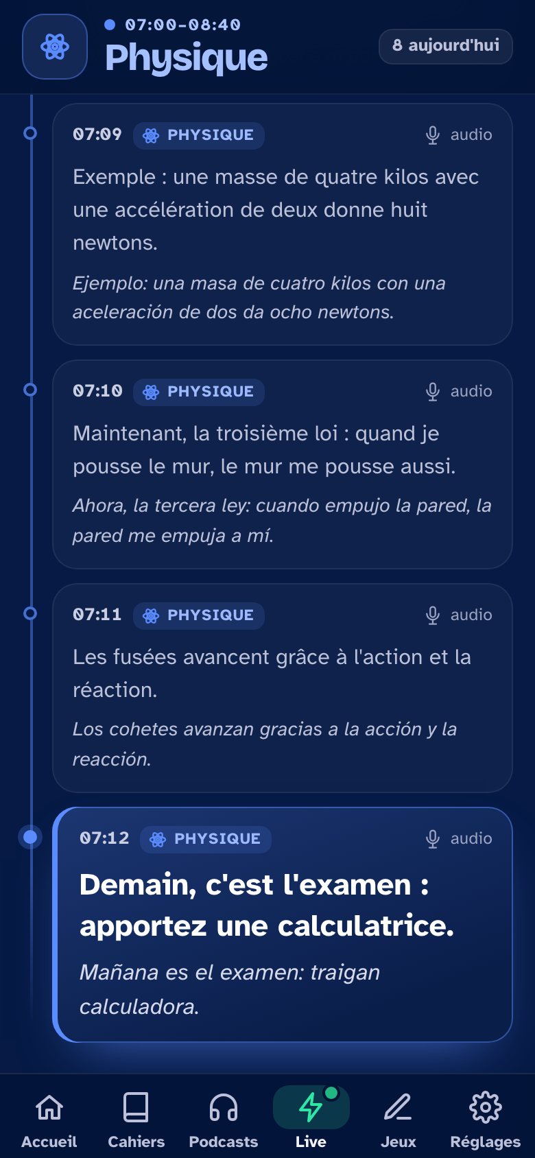 Le cours en direct : chaque phrase en espagnol suivie de sa traduction en français